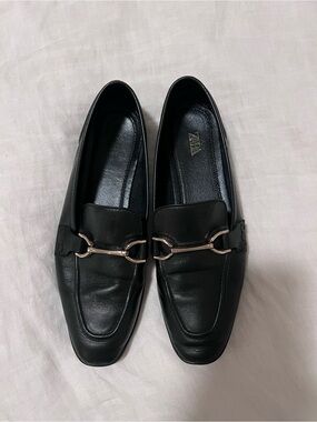 Zara Black Leather Loafers with Gold Bit